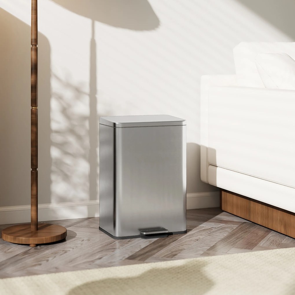 HOMCOM Kosz na śmieci 20 L z pedałem i pokrywą soft-close, wyjmowany wkład, srebrny, 34,2 x 30,6 x 44,2 cm
