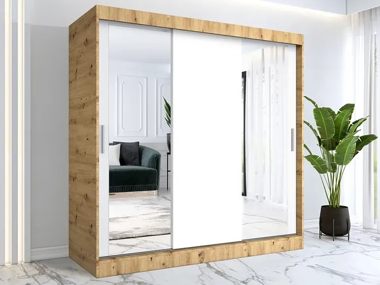 Szafa przesuwna dąb artisan + biały 200 cm - Seko 6X