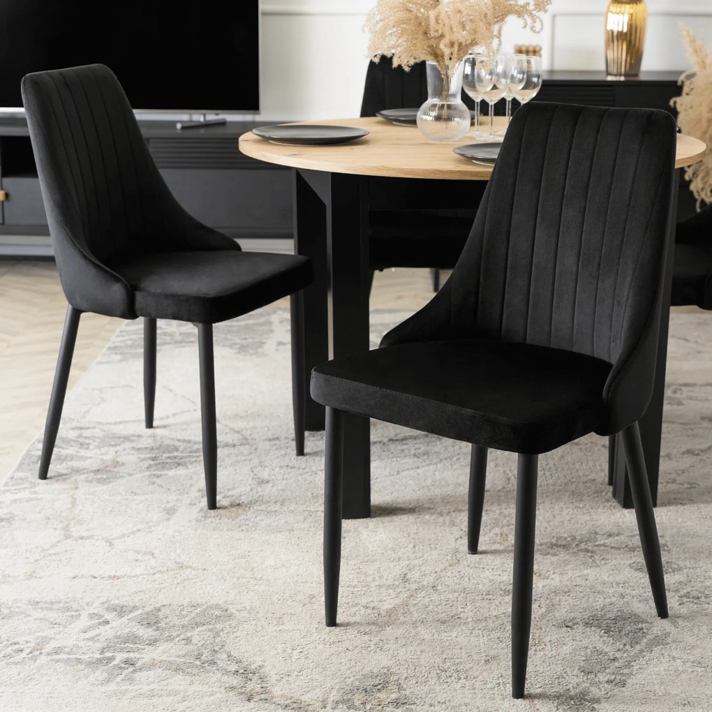Zestaw Stół Okrągły Rozkładany HARRY 102-142 cm Dąb Artisan/Czarny i 4 Krzesła Tapicerowane BARI Czarne Nowoczesne