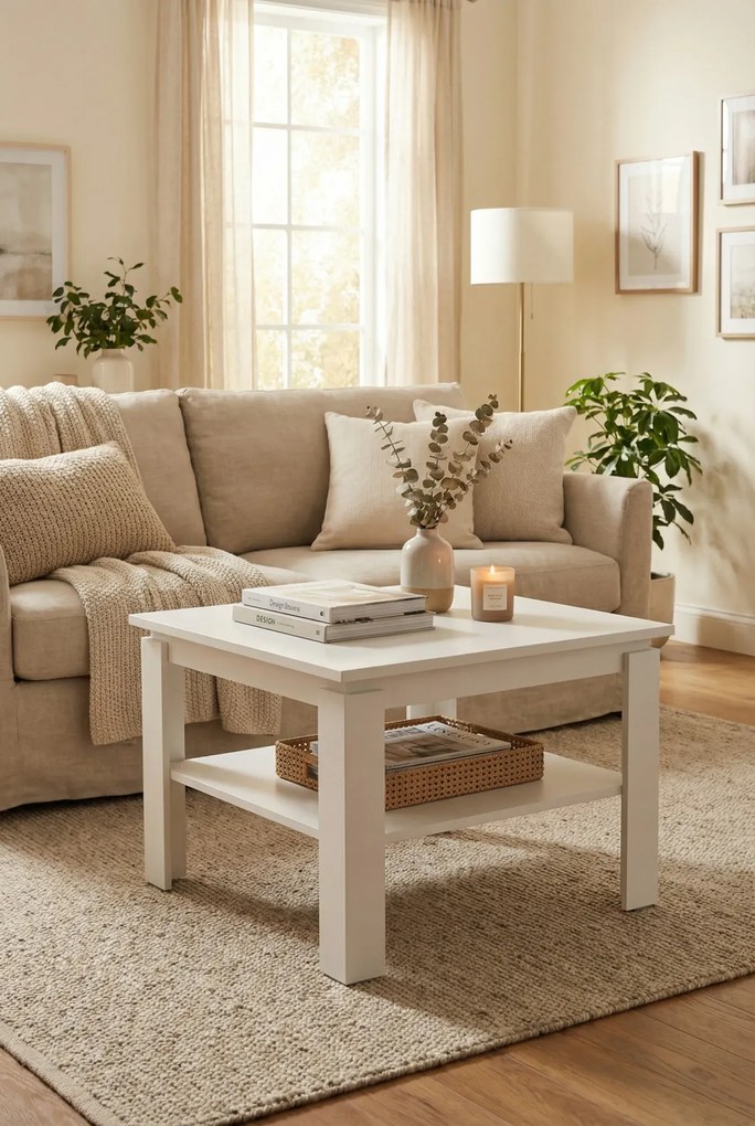 Biały kwadratowy stolik kawowy z półką H4-P29