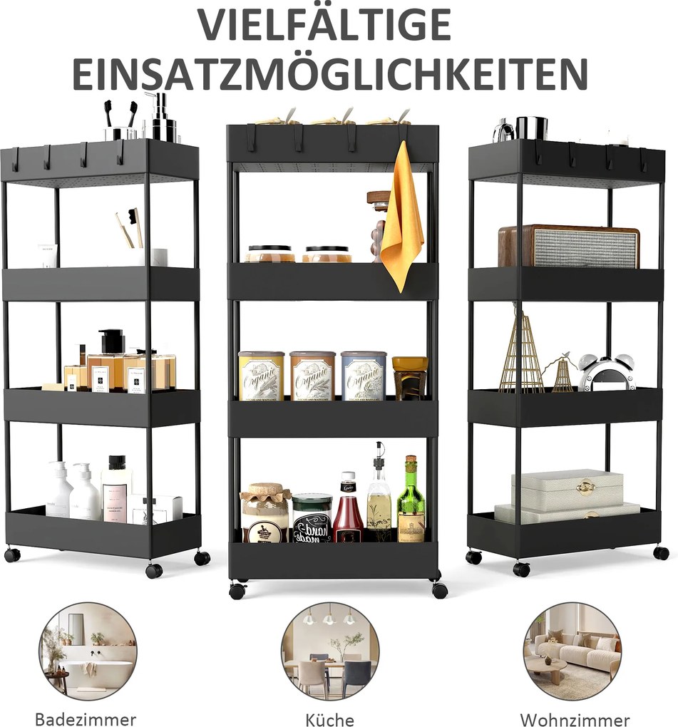 HOMCOM Wózek kuchenny z 4 półkami, 4 elastycznymi hakami, 4 kółkami, 40 cm x 19 cm x 90 cm, Wózek do niewielkich przestrzeni, Czarny