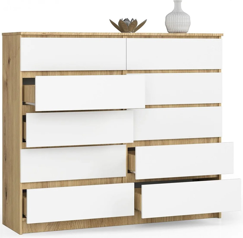 Komoda: 10 szuflad, ręcznie wykonany dąb | Biały, 138 x 121 x 40 cm