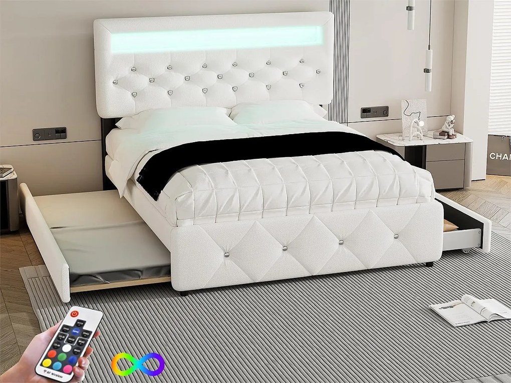 Łóżko tapicerowane 140x200cm z LED - z łóżkiem wysuwanym i 2 szufladami - tkanina lniana - Białe