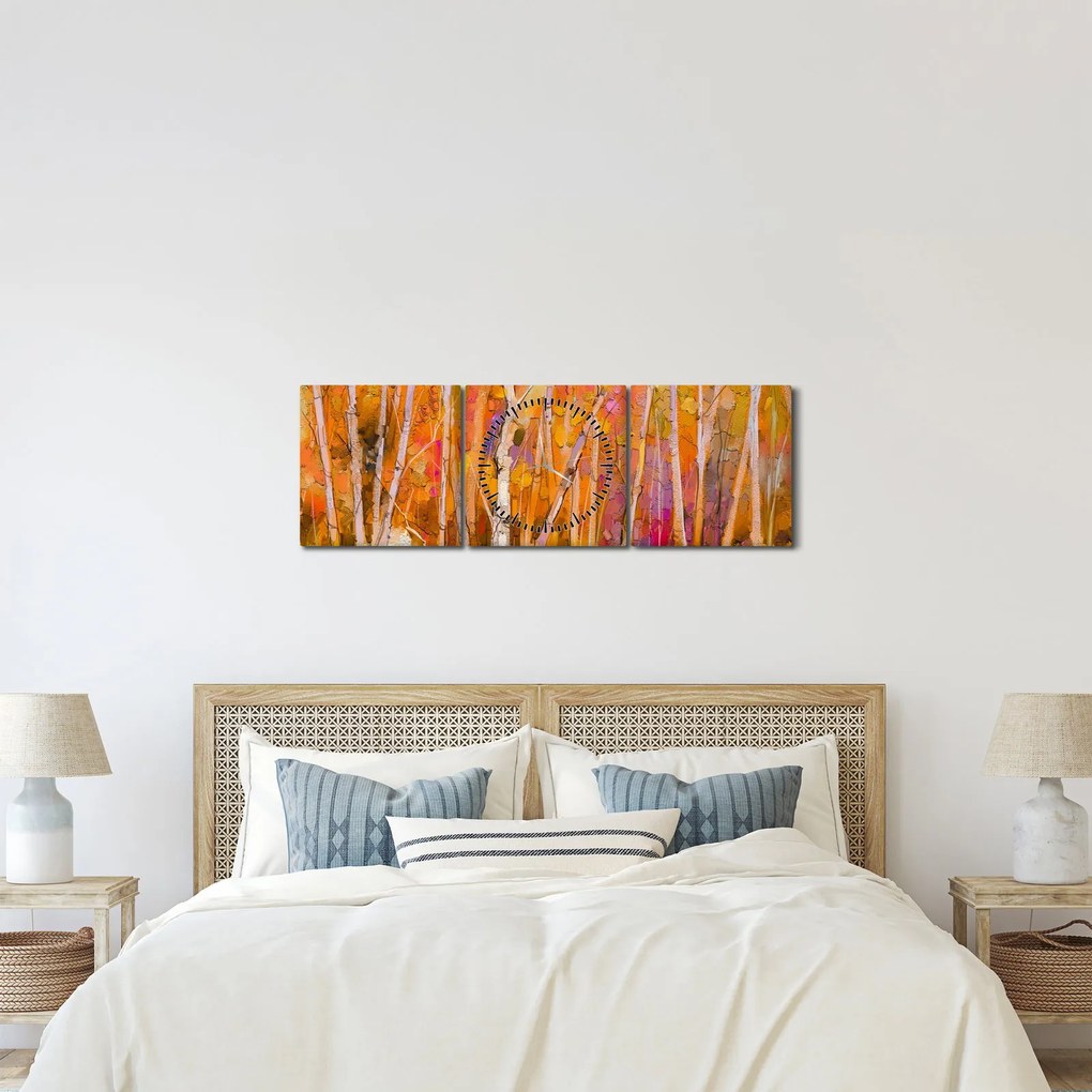 Obraz - Jesienny las (z zegarem) (90x30 cm)