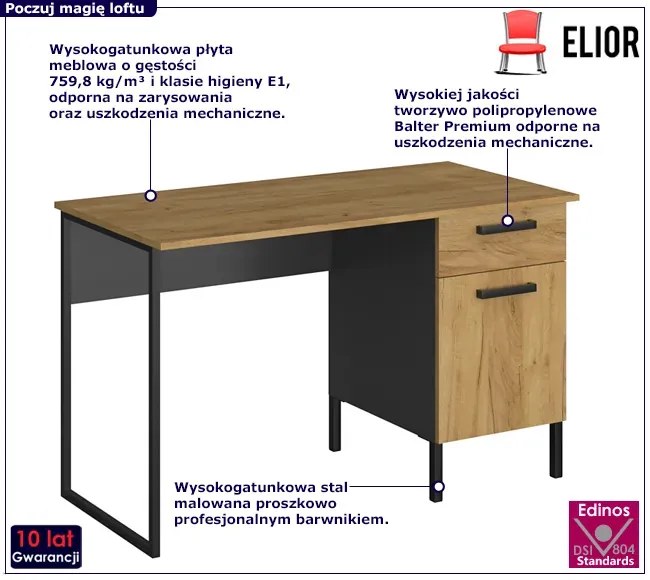 Industrialne biurko z szufladą i półką dąb craft złoty - Vinos 7X