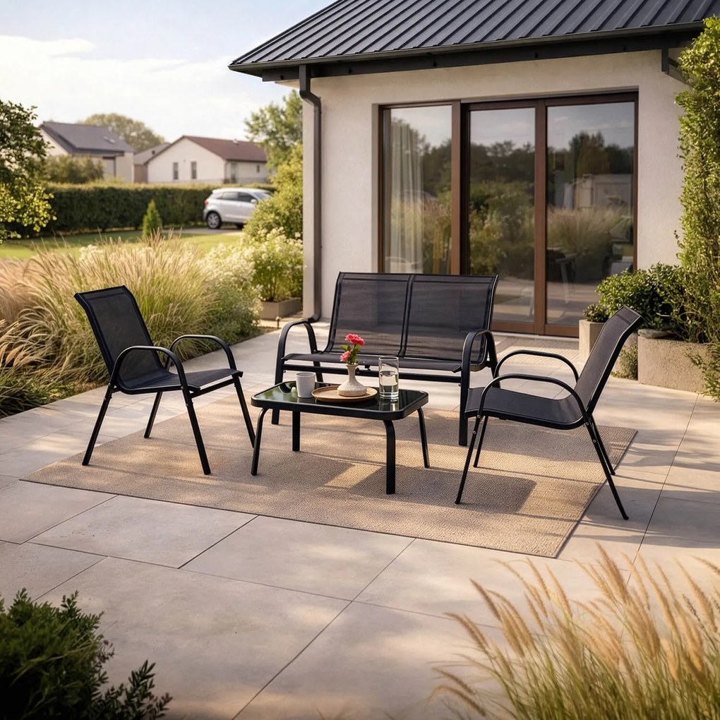 Zestaw Mebli Ogrodowych MINNESOTA Czarny Ławka Krzesła Stolik Tarasowy Siatka Nowoczesny