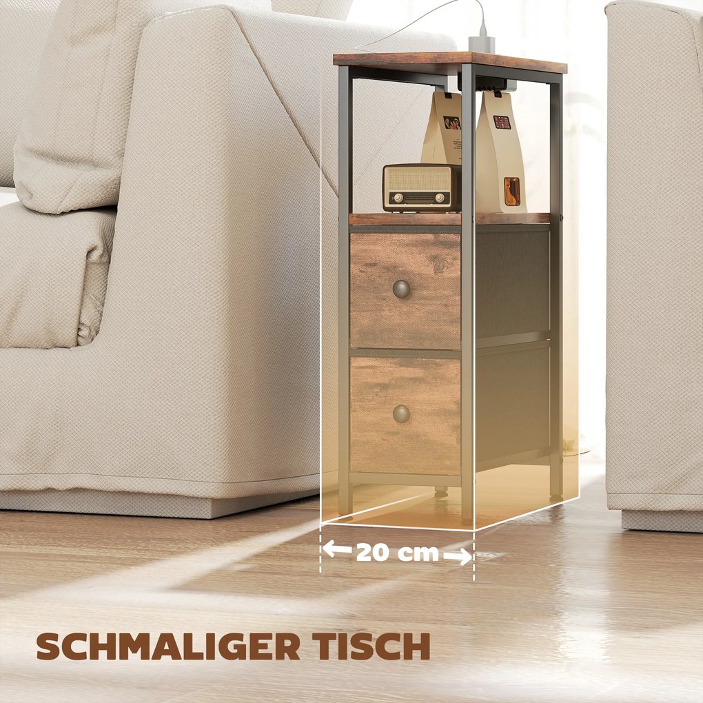 HOMCOM Stolik kawowy/stolik boczny ze stacją ładującą, stalowa rama, 2 szuflady z tkaniny, otwarta półka, 20cm x 40cm x 63cm, Rustykalny brąz | Aosom PL