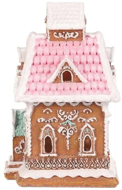 Dekoracja świąteczna Domek z piernika z różowym dachem, poliresin, LED, brązowy