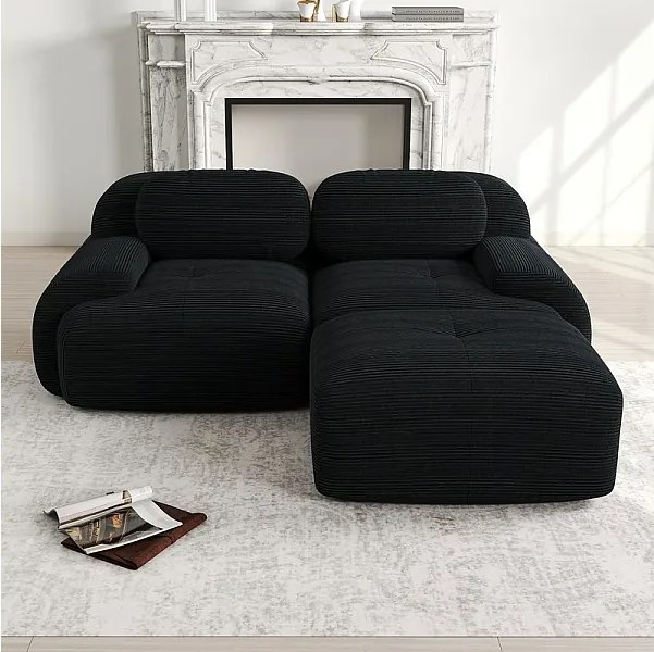 Modułowa sofa narożna 2-osobowa - z Welur - z 2 poduszkami i pufą - ergonomiczna - 208x178x75cm - Czarny