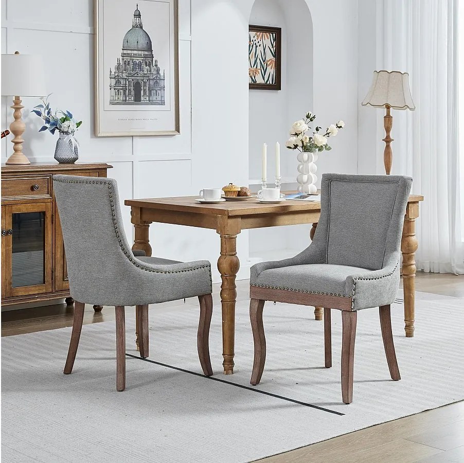 Zestaw 2 krzeseł jadalnianych z szarej tkaniny szenilowej z oparciem i ozdobnymi gwoździami, drewniane nogi