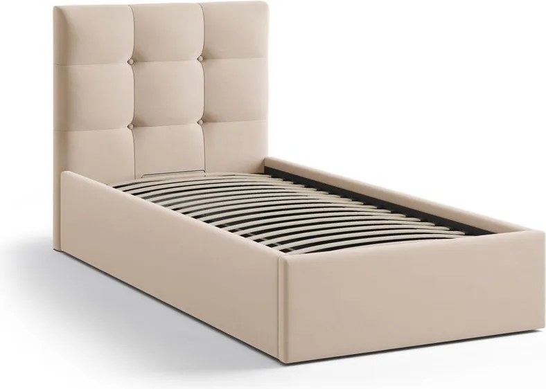 Jasnobrązowe tapicerowane łóżko jednoosobowe ze schowkiem i stelażem 90x200 cm Phaedra – Micadoni