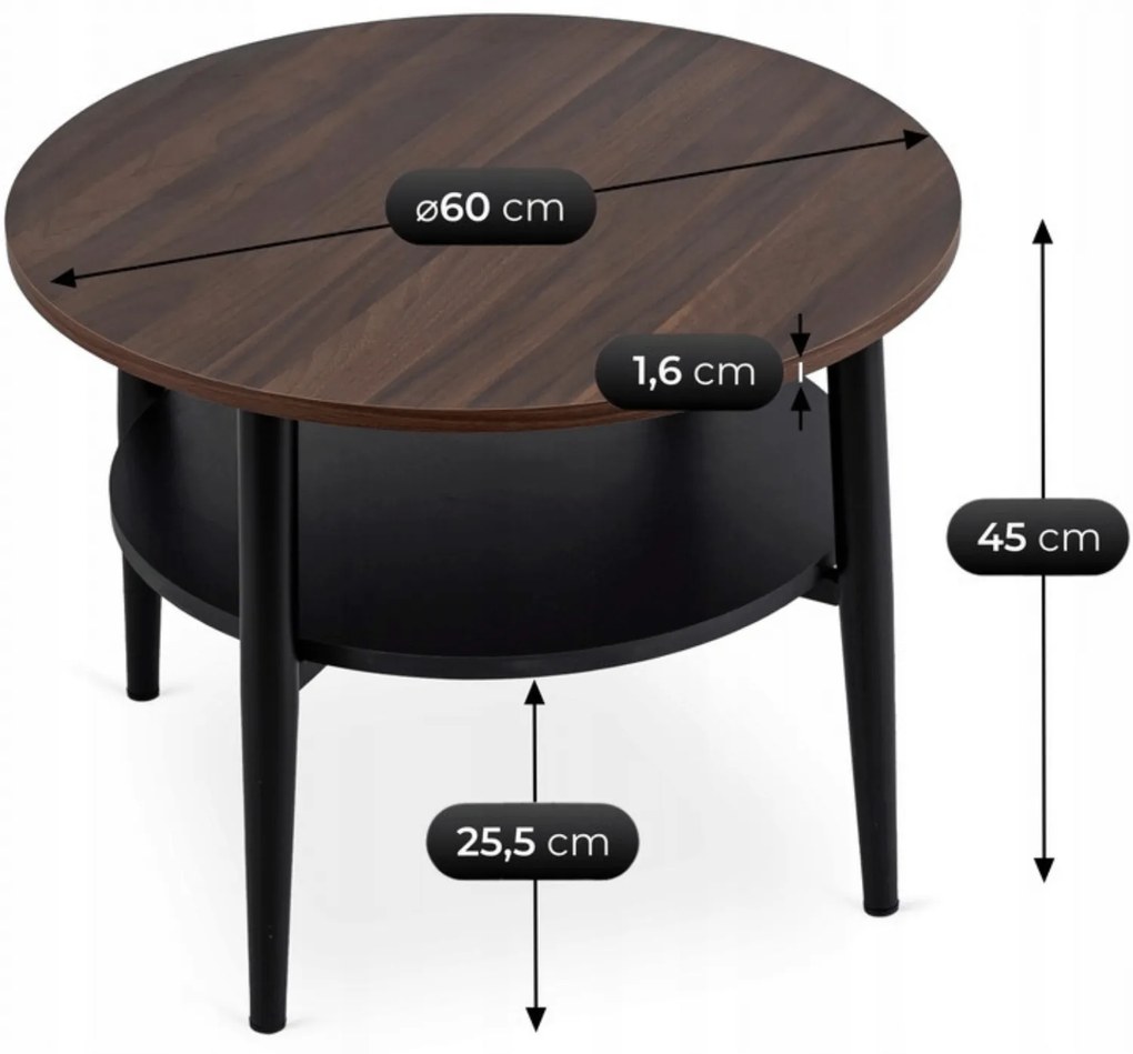 Stolik Kawowy Okrągły PAULO 60 cm Orzech/Czarny Nowoczesny Loft