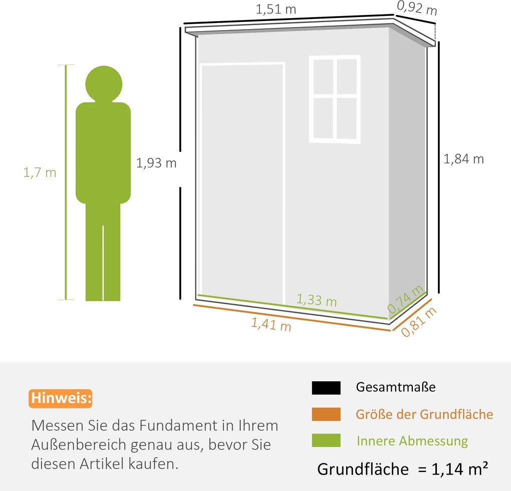 Outsunny Szopa na narzędzia z tworzywa sztucznego 1,14m² 151 x 92 x 193cm Szopka z dachem pochyłym Okno Szary