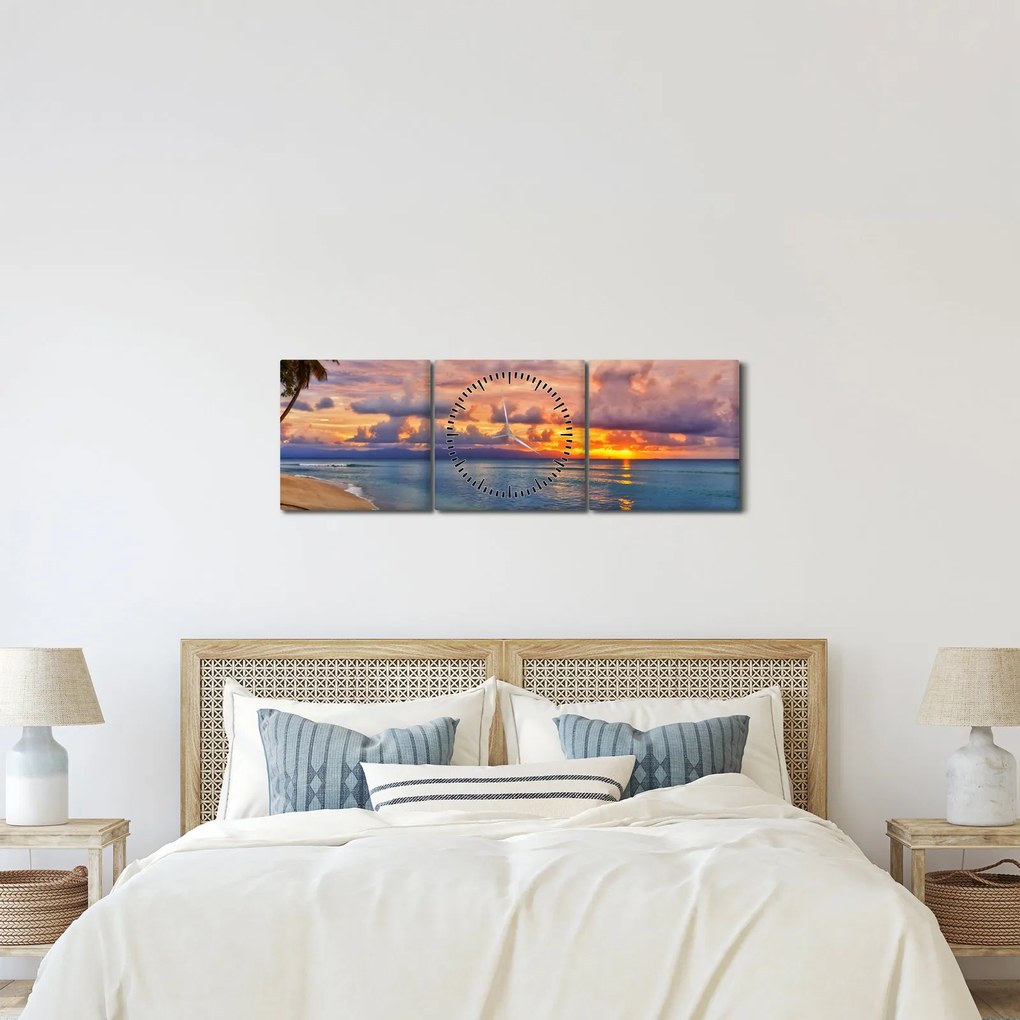 Obraz - Zachód słońca na plaży (z zegarem) (90x30 cm)