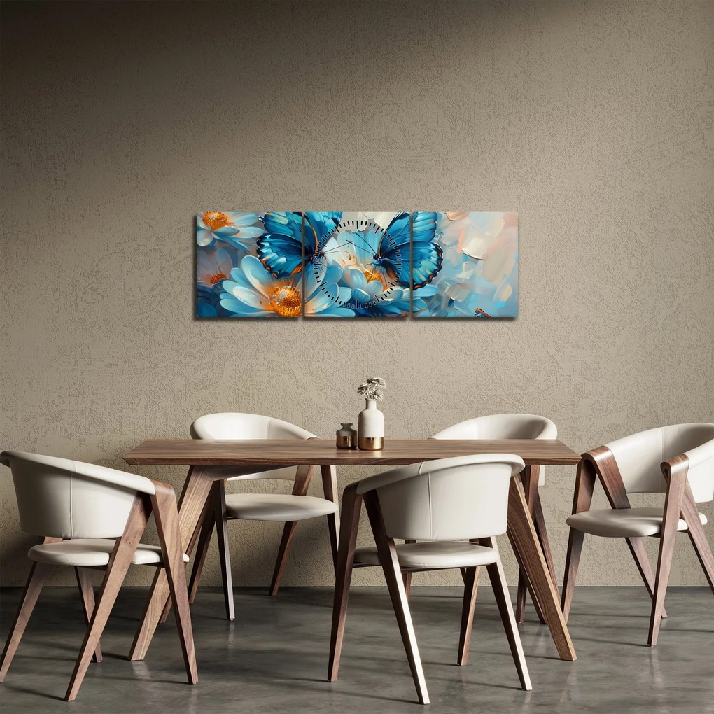 Obraz - Niebieskie motyle (z zegarem) (90x30 cm)
