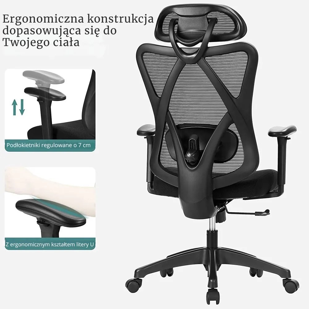 Krzesło biurowe z zagłówkiem MAGNUS, maks. 150 kg, czarne SongmicsHome