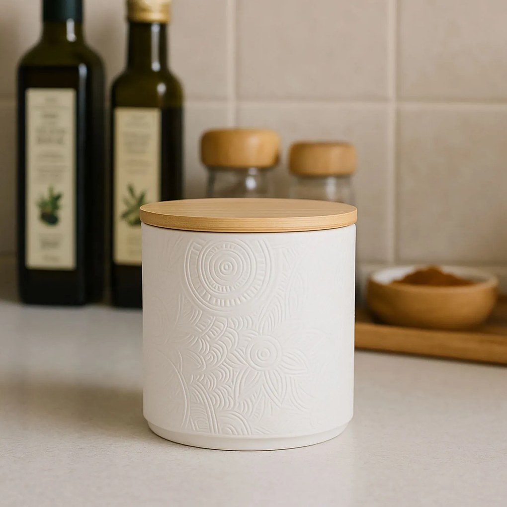 Słoik ceramiczny z pokrywką z bambusa, Ø 10 x 10,5 cm