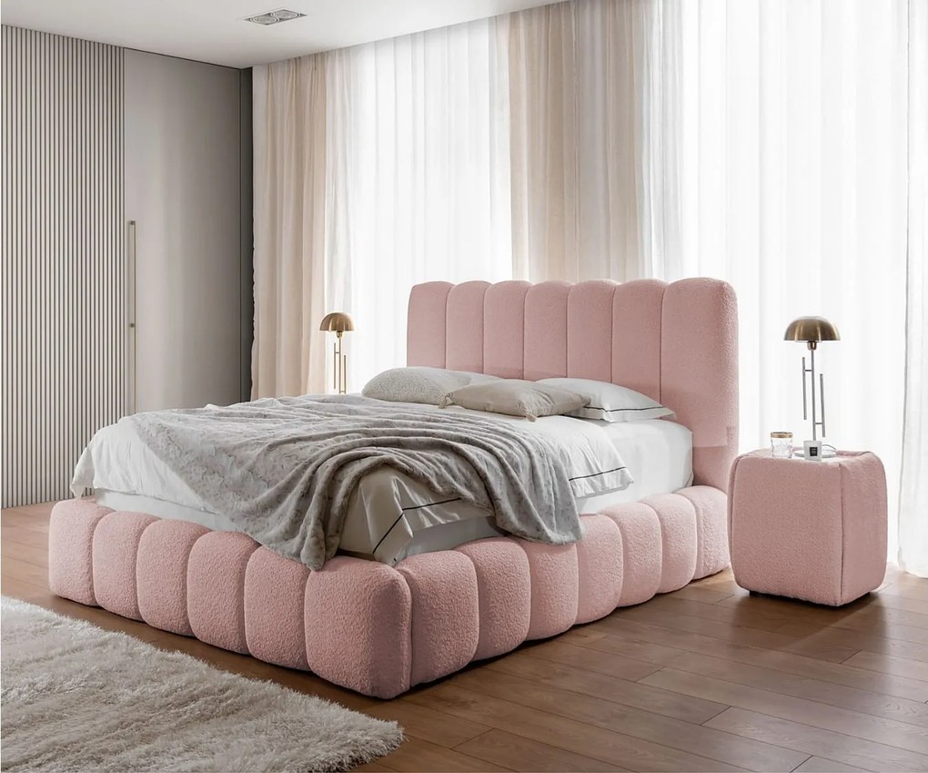 FURNISTAR Łóżko tapicerowane CHLOE z pojemnikiem 200x200|Łóżko dwuosobowe z pojemnikiem i stelażem|Wygląd boxspring|bez materaca|do sypialni-pudrowy róż