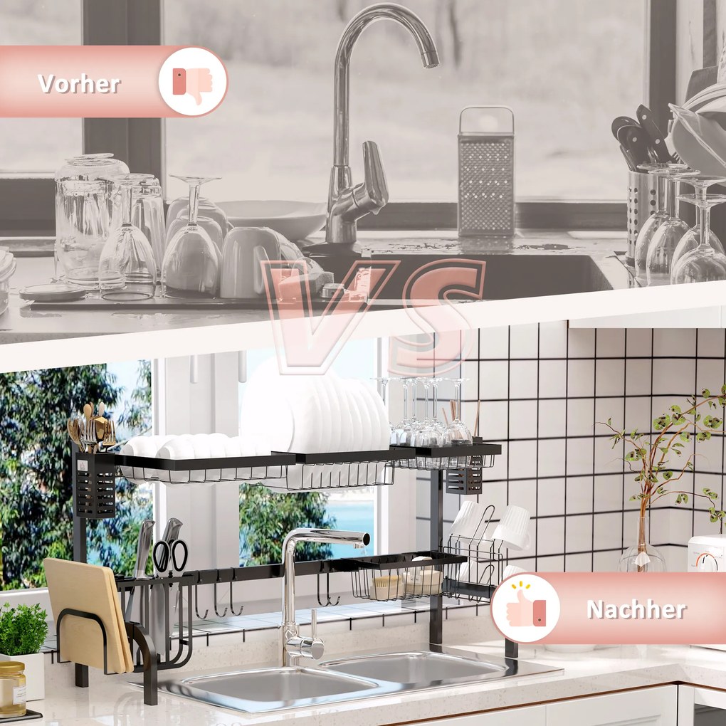 HOMCOM Suszarka na Naczynia, 2-Poziomowy Stojak z Hakami, Talerzami, Akcesoriami, 100 cm Stal, Czarny