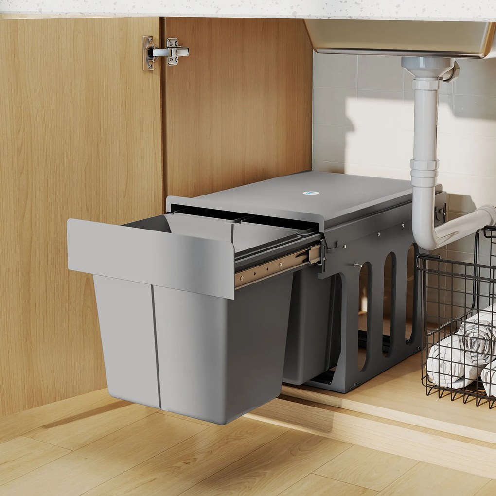 HOMCOM 31 l wysuwany pojemnik na odpady 15 l + 8 l x 2 z wyjmowanymi wiaderkami | Aosom PL
