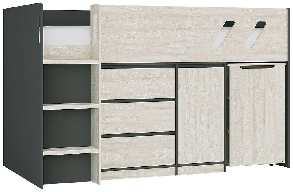 Łóżko piętrowe 90 x 190 cm z biurkiem i schowkami - Antracytowy i naturalny poszarzony - SAGITI