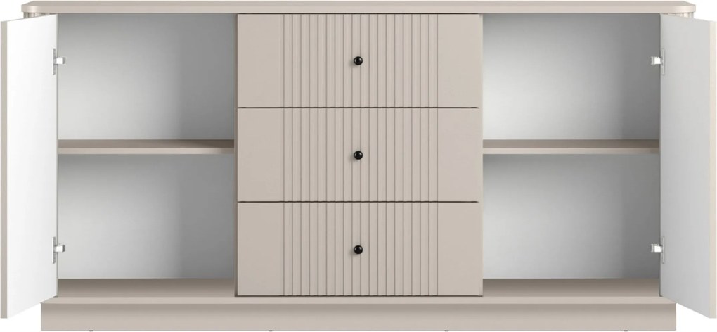 Komoda Vesper 160 cm z szufladami na cokole - kaszmir / czarne uchwyty