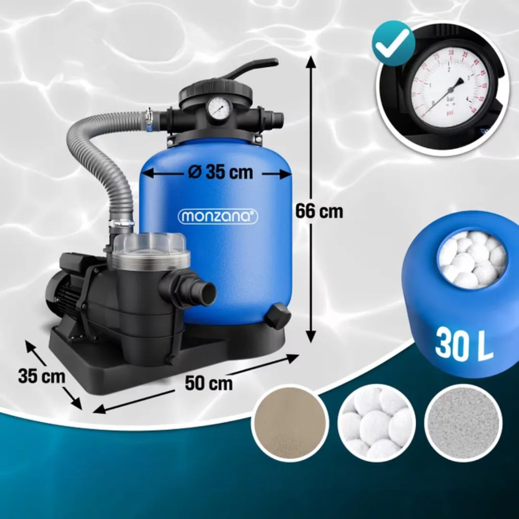 Monzana Filtracja piaskowa do basenu AQUA z filtrem wstępnym 13 200 l/h, niebieska