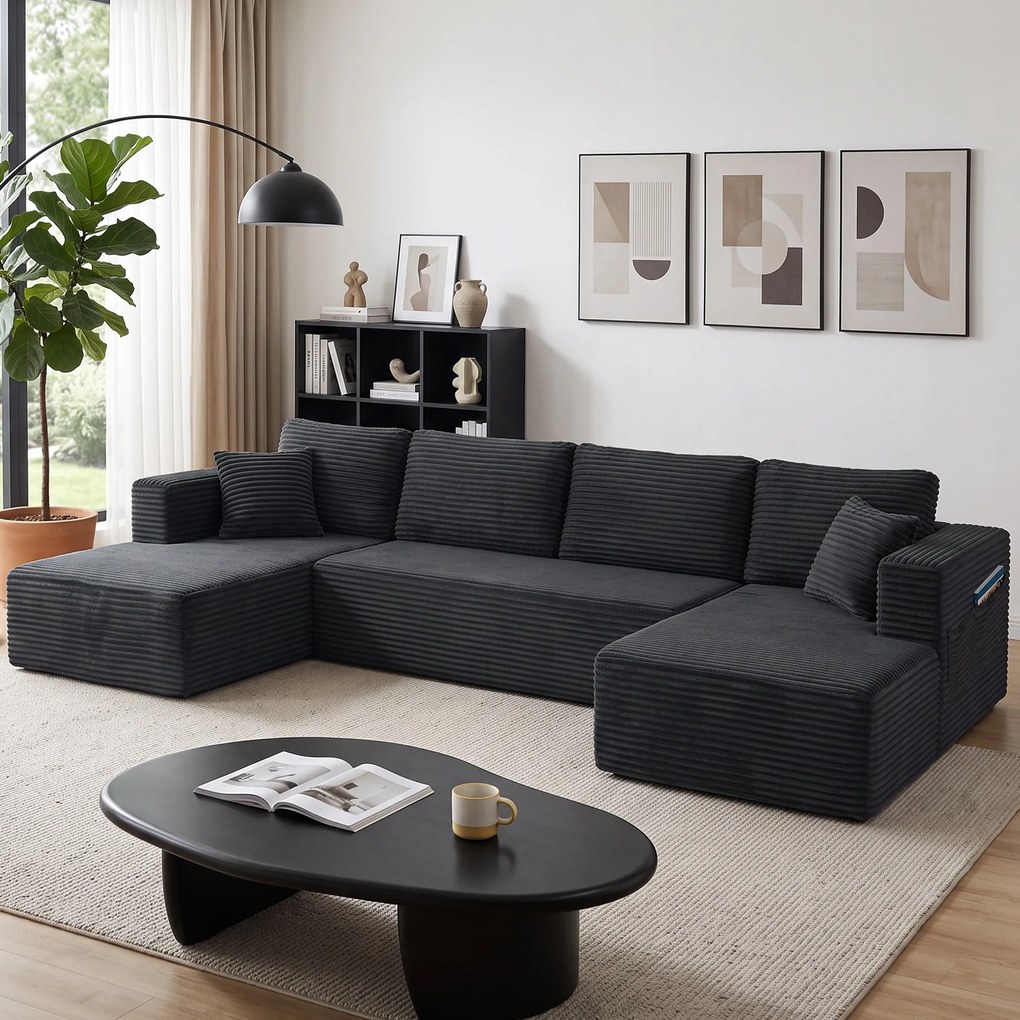 HOMCOM Modułowa sofa w kształcie U z 2 szezlongami, sztruksowa sofa rozkładana z pianką o wysokiej gęstości i sprężynowym wypełnieniem, Ciemnoszara | Aosom PL