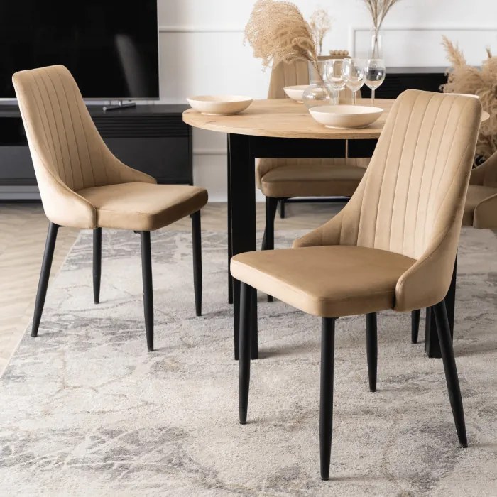 Zestaw Stół Okrągły Rozkładany HARRY 102-142 cm Dąb Artisan/Czarny i 4 Krzesła Tapicerowane BARI Beż Nowoczesne