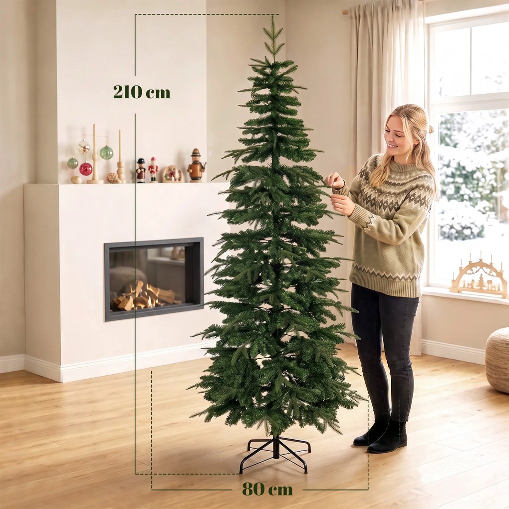 HOMCOM Sztuczna choinka 210 cm, świerk z gałęziami na zawiasach, 800 końcówek gałęzi, składany stalowy stojak, zielona | Aosom PL