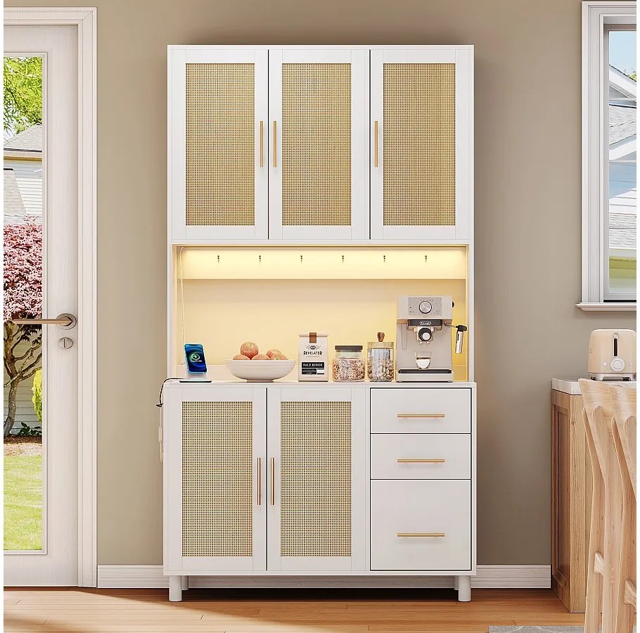 Kredens kuchenny 183 cm z oświetleniem LED, portami USB, regulowanymi półkami i 3 szufladami – biały