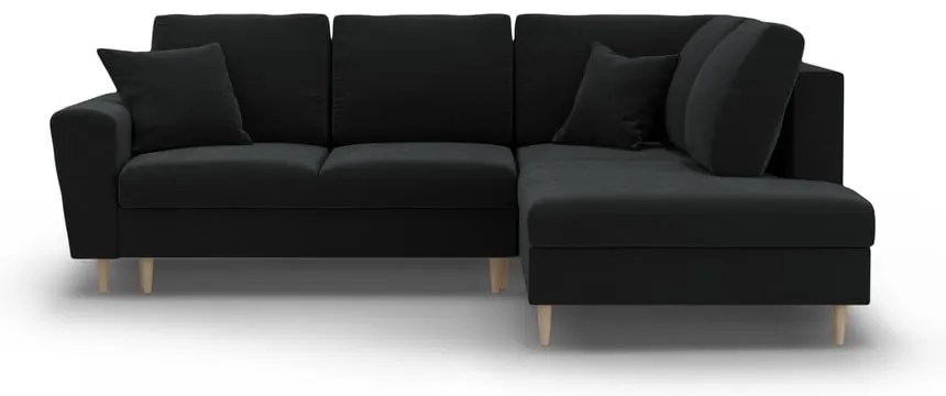 Czarny aksamitny rozkładany/ze schowkiem narożnik (prawostronny/w kształcie litery L) Kyoto – Cosmopolitan Design
