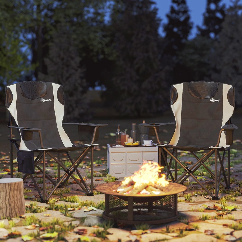 Outsunny Zestaw 2 Składanych Krzeseł Kempingowych z Podłokietnikami, Uchwytem na Napój i Chłodziarką, Czarne