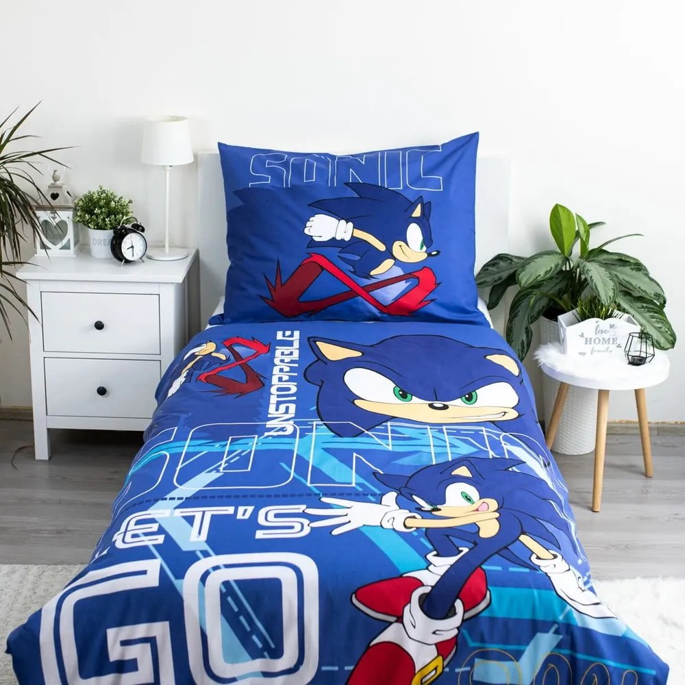 Niebieska bawełniana pościel dziecięca jednoosobowa 140x200 cm Sonic "Let´s go" – Jerry Fabrics