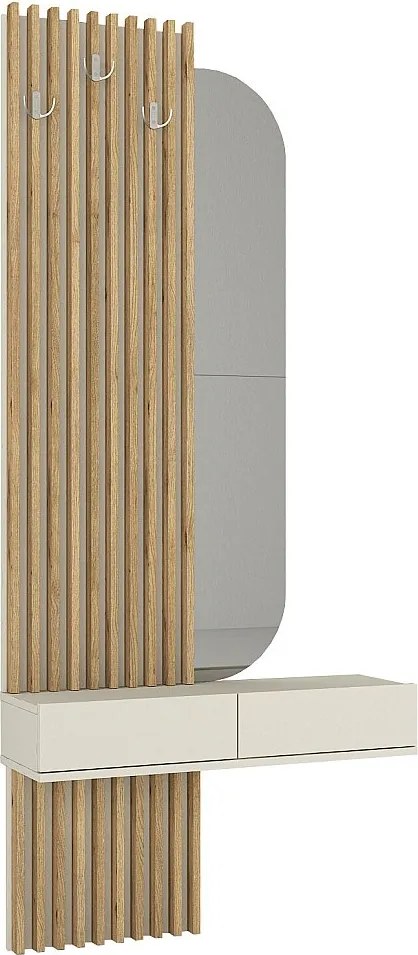 Konsola wisząca z lustrem, 2 drzwiczkami i 3 wieszakami - Beżowy i jasny naturalny - MERYDA