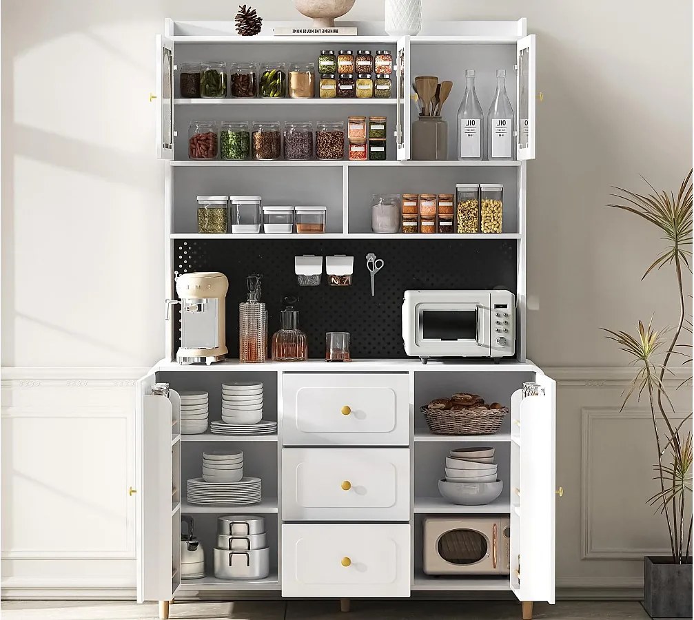 Nowoczesny kredens kuchenny 140x40x190cm - z otwartymi półkami - z 3 szufladami i 5 drzwiami - Biały