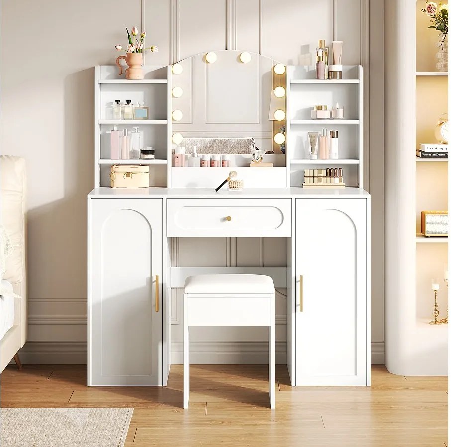 Nowoczesna toaletka - 110 x 40 x 132 cm - z diodami LED + lustro + stołek + szuflada + 2 drzwi - MDF + płyta wiórowa - biała