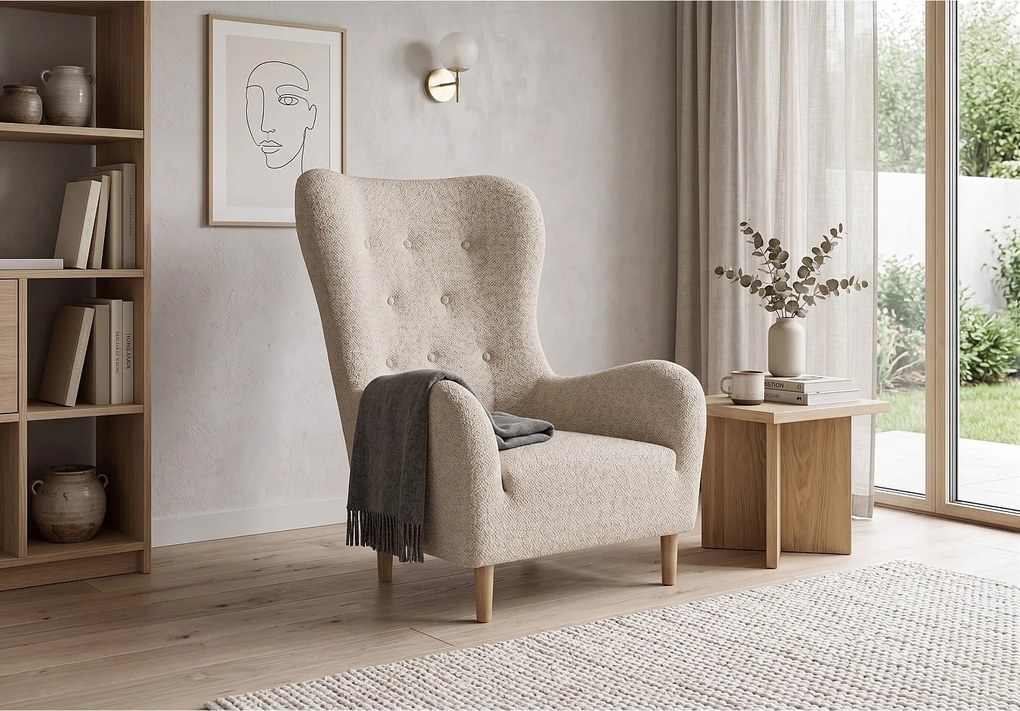 Fotel uszak BENETTO – elegancki fotel wypoczynkowy w tkaninie TWIST 1 beżowy