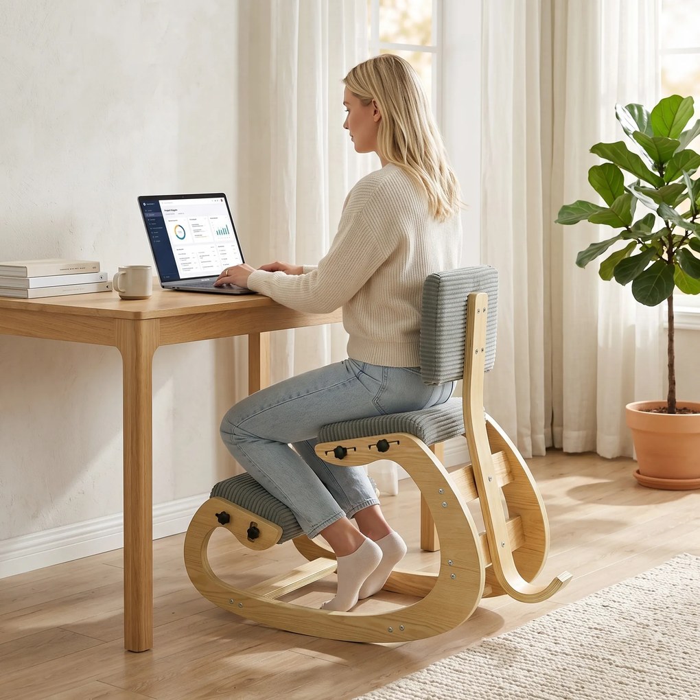 HOMCOM Ergonomiczne krzesło klęczące, stołek klęczący z oparciem, wygląd sztruksu, fotel biurowy do domu, biura, medytacji, ciemnoszary | Aosom PL