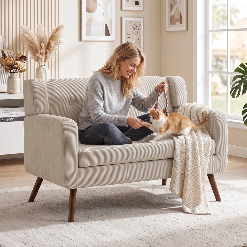 HOMCOM Sofa 2-osobowa 118 cm z wyglądem sztruksu, pikowanie z guzikami Wygodna nowoczesna sofa tapicerowana z drewnianymi nogami do małych pomieszczeń | Aosom PL