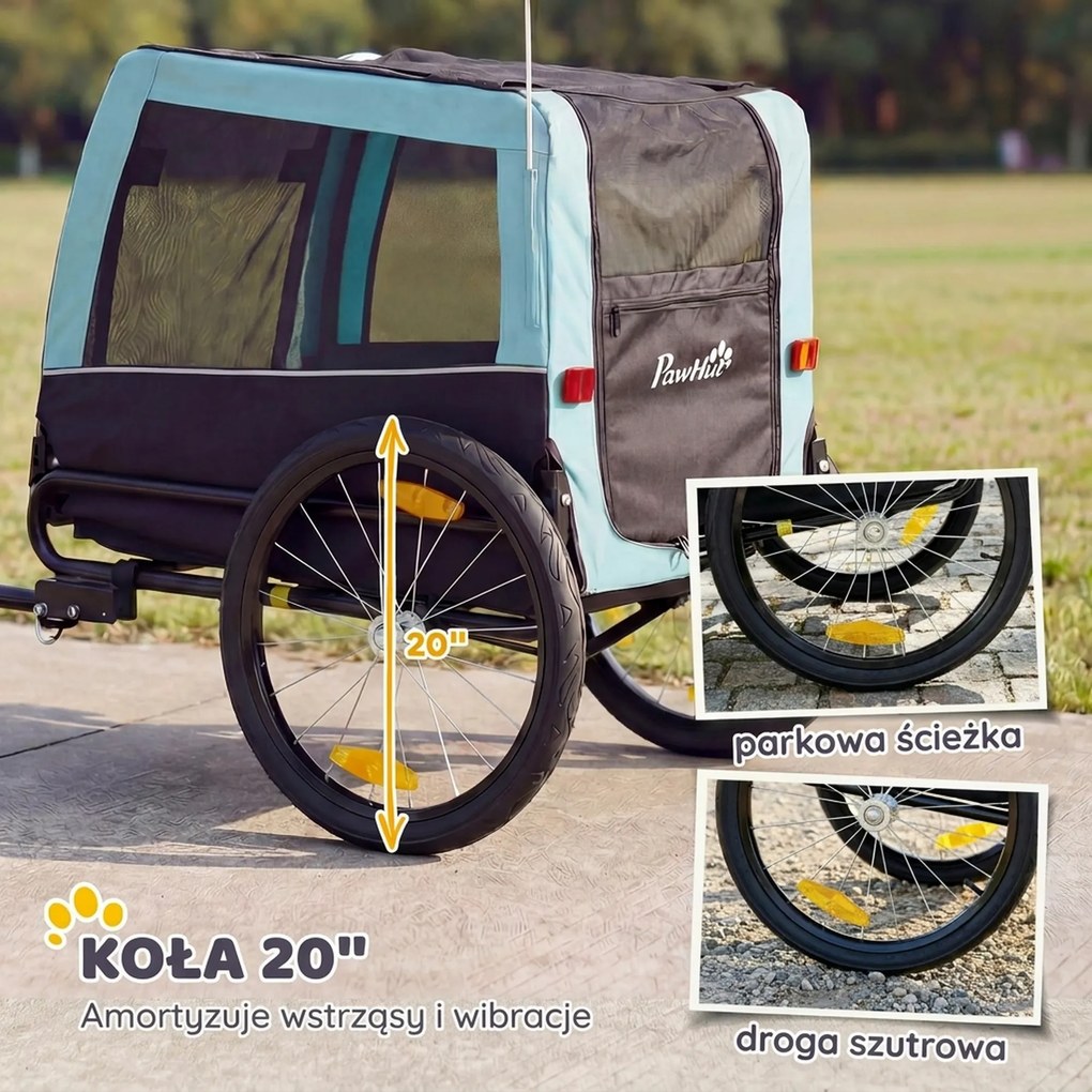 PawHut Składana przyczepka rowerowa z odblaskami, smyczą, dla średnich psów do 20 kg, 143 x 70 x 90 cm, jasnoniebieska | Aosom PL