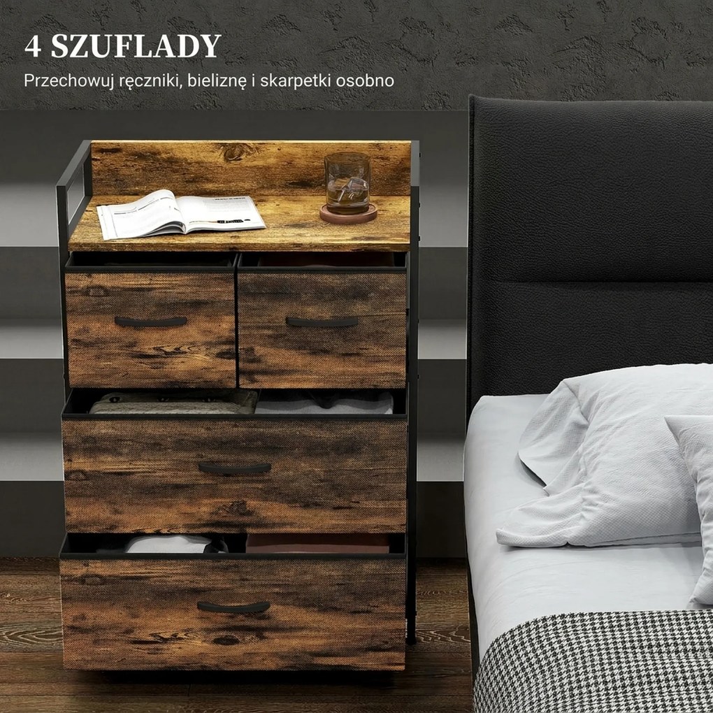 HOMCOM Komoda, Kredens, 4 Szuflady Materiałowe, Design Industrialny, 60x29x85cm, Brąz/Czarny