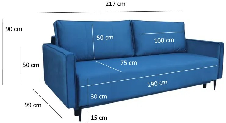 Niebieska sofa z funkcją spania i pojemnikiem A9-M04