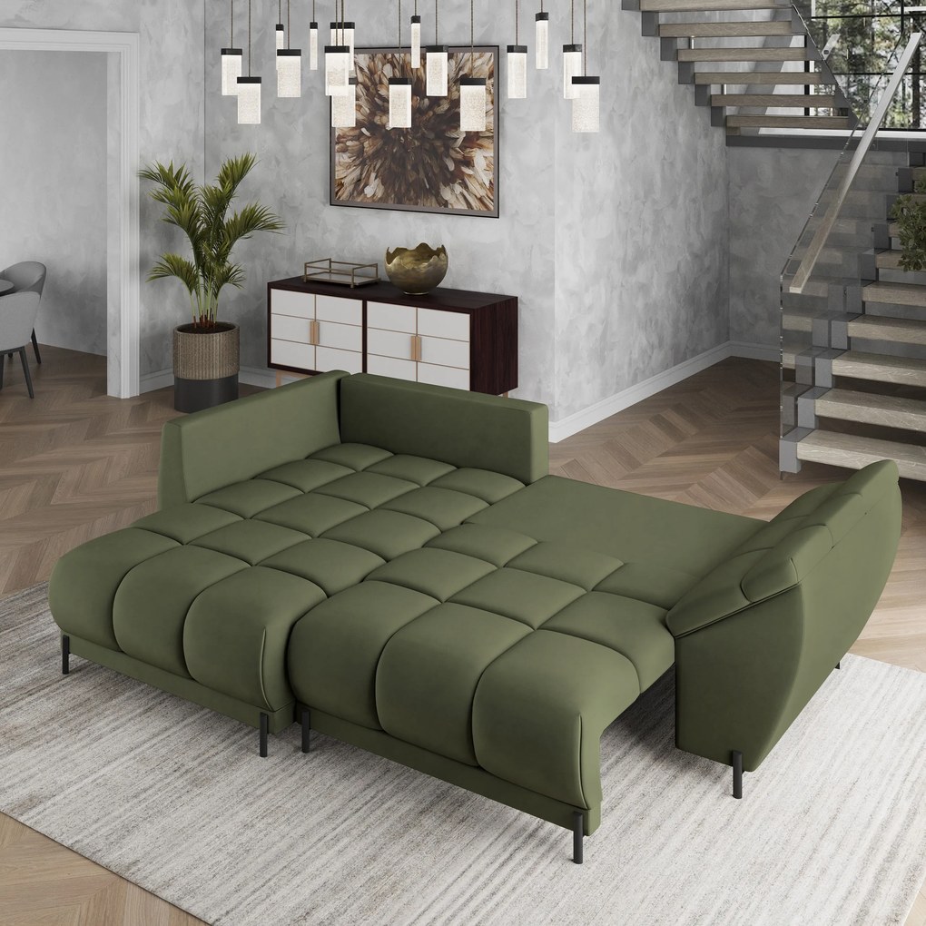 Masseno Narożnik VESTANO z funkcją spania i pojemnikiem na pościel Narozniki L, Rozkładana sofa - Zielony, MATT VELVET 38