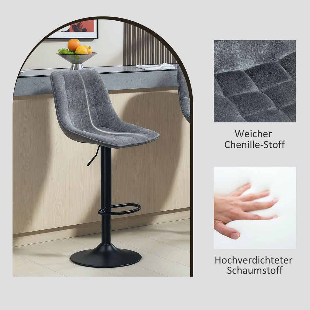HOMCOM Nowoczesne Krzesła Barowe, Zestaw 2 szt. Z Opórką, Regulowane Wysokościowo, z Podnóżkiem, Obracane, Wyściełane, Ciemnoszary