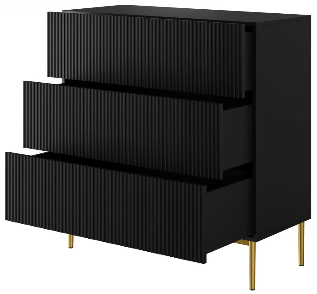 Komoda Nicole 100 cm z szufladami z ryflowanym frontem - czarny mat / złote nóżki