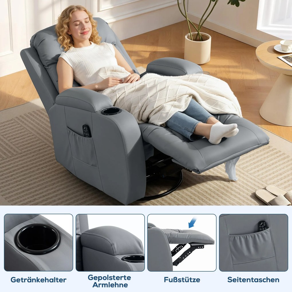 HOMCOM Fotel masujący z funkcją kołysania, leżenia i ogrzewania, 3 tryby, obracany, Jasnoszary | Aosom PL