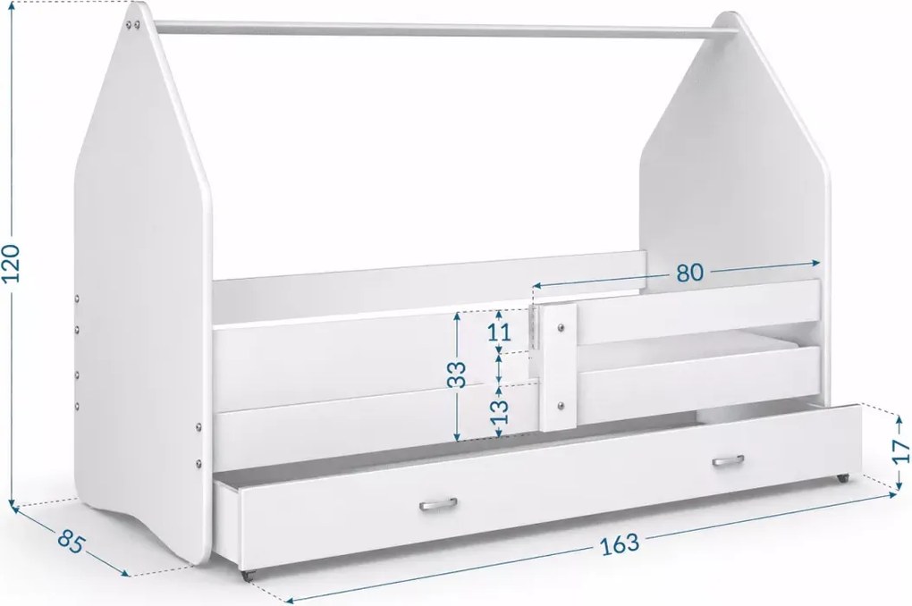 Łóżko dziecięce Fribo 80x160/180 z szufladą barierką i stelażem MDF białe