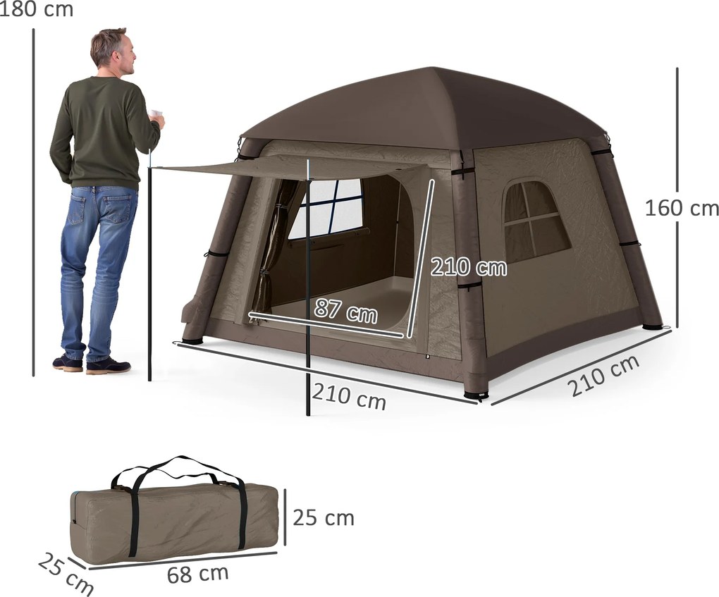 Outsunny Nadmuchiwany Namiot Campingowy 1-2 Osoby na 4 Pory Roku z Hakiem, Pompką, Oknami, Drzwiami