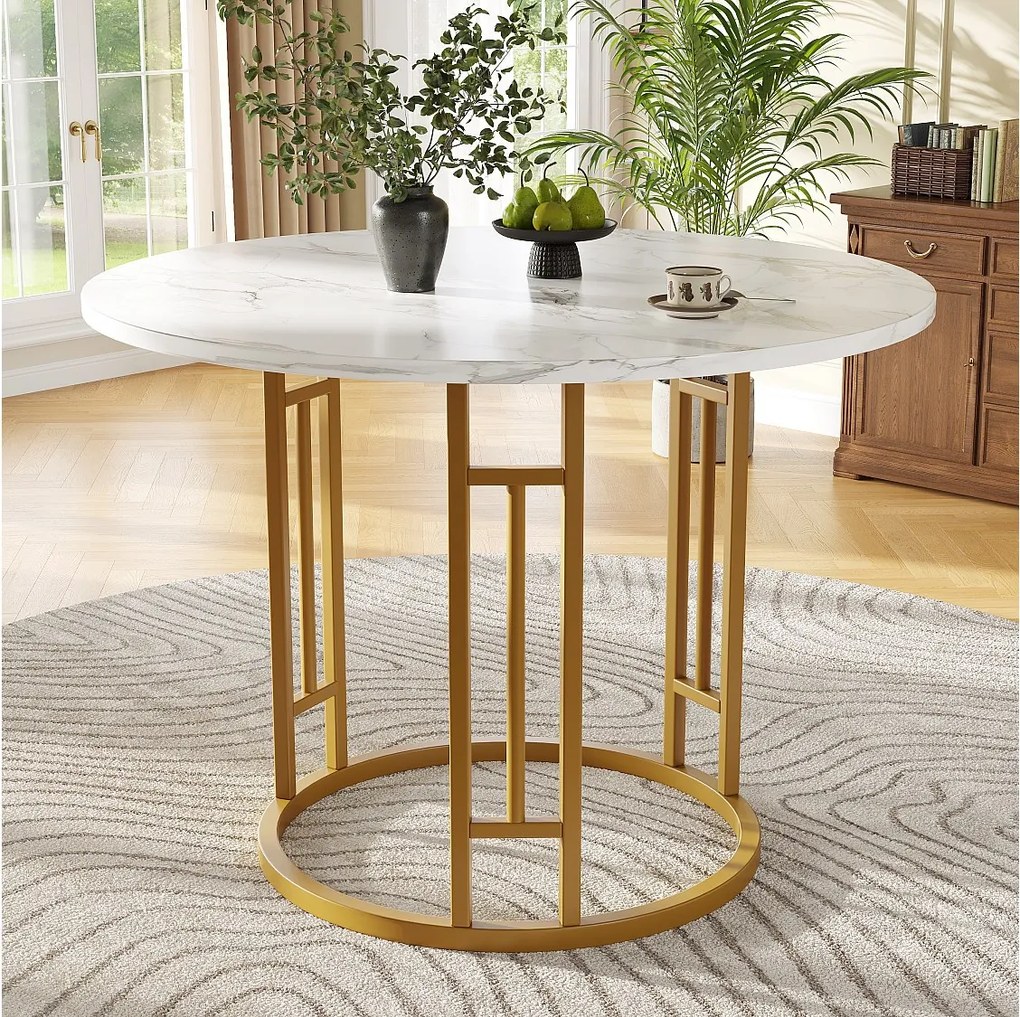 Stół jadalny 4-osobowy - 80 x 80 x 76cm - okrągły stół z nogami metalowymi w kolorze złotym - blat z płyty MDF marmurkowej - płyta MDF + metal - biały